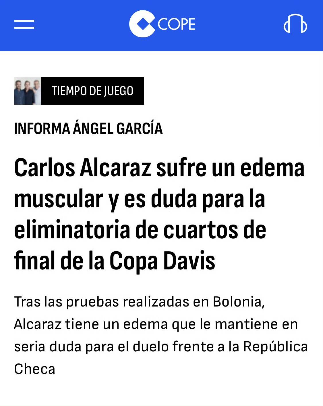 阿尔卡拉斯因伤退出戴维斯杯